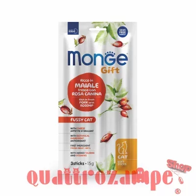 Monge Gift 3 Stick Appetito Difficile Maiale Fresco Rosa Canina 15 gr Snack Per Gatti
