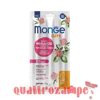 Monge Gift 3 Stick Skin Support Merluzzo Trifoglio Rosso 15 gr Snack Per Gatti