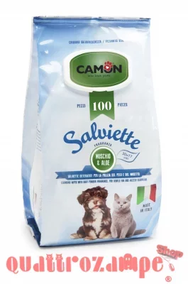 Camon 100 Salviette Detergenti al Muschio e Aloe Per Cani e Gatti Maxi Formato