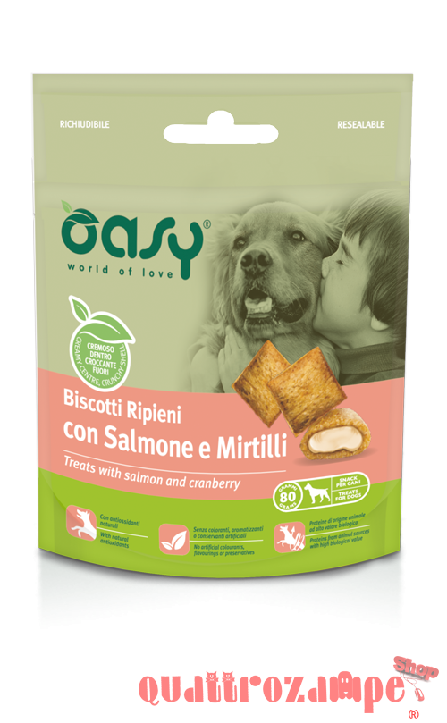 Oasy Snack Biscotti Ripieni Con Salmone e Mirtilli per Cani 80 g