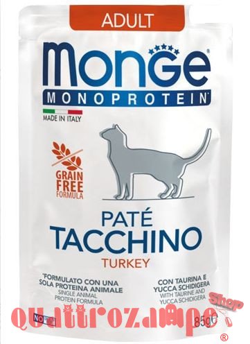 Monge Monoproteico Grain Free Patè Adult Tacchino 85 gr Bustina Per Gatti
