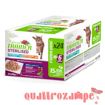 Natural Trainer Sterilised Cat Bocconcini Multipack 24 bustine 85 gr (12 Merluzzo + 12 Tacchino) Umido Gatti