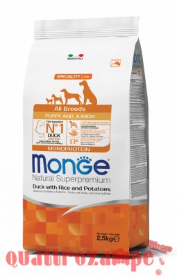 Monge Superpremium All Breed Puppy Junior Anatra Riso Crocchette Cane