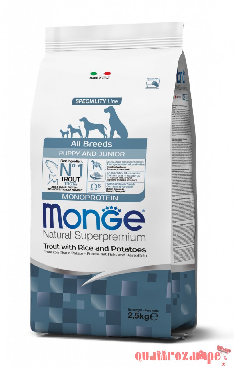 Monge Superpremium All Breed Puppy Junior Trota Riso Crocchette Cane