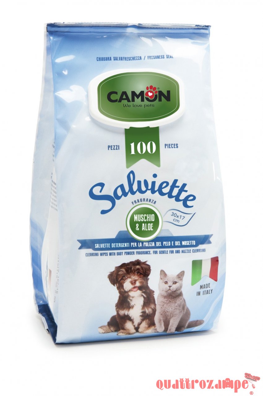 Camon 100 Salviette Detergenti al Muschio e Aloe Per Cani e Gatti Maxi Formato