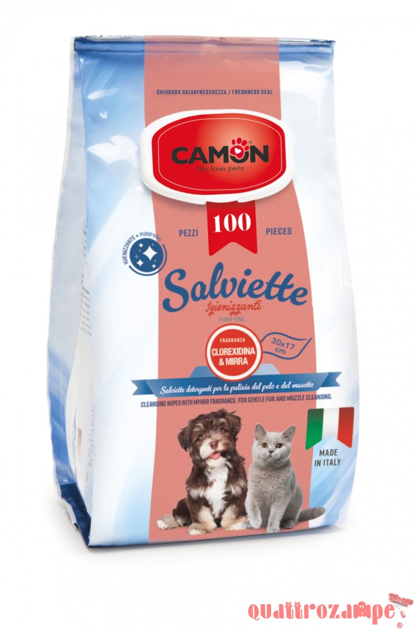 Camon 100 Salviette Detergenti Mirra e Clorexidina Per Cani e Gatti Maxi Formato