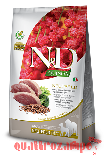 Farmina N/D Quinoa Grain Free Adult Medium Maxi Neutered Anatra Crocchette Per Cani Sterilizzati