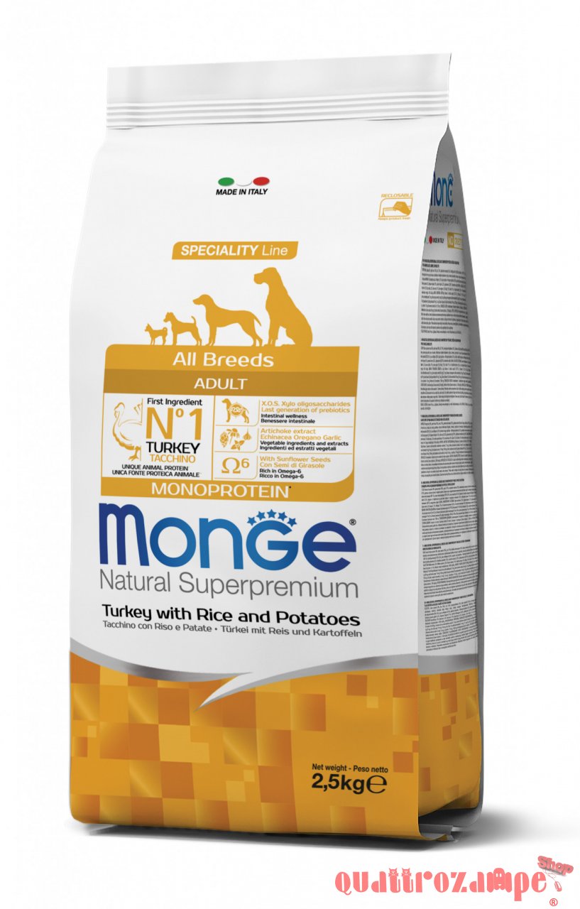 Monge Superpremium All Breeds Adult Monoproteico Tacchino Riso Crocchette Cane