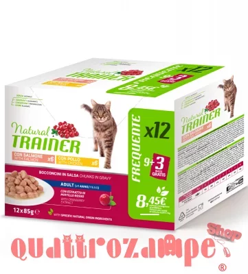 Natural Trainer Adult Cat Bocconcini Multipack 12 bustine 85 gr (6 pollo + 6 salmone) Umido Gatti