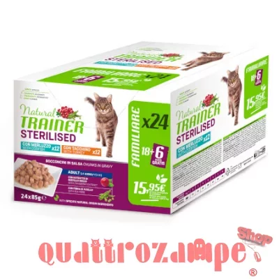 Natural Trainer Sterilised Cat Bocconcini Multipack 24 bustine 85 gr (12 Merluzzo + 12 Tacchino) Umido Gatti