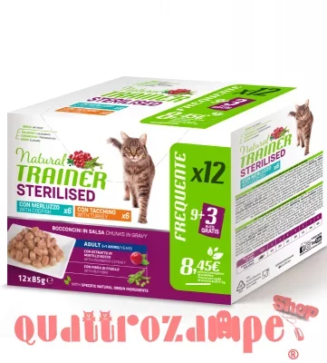 Natural Trainer Sterilised Cat Bocconcini Multipack 12 bustine 85 gr (6 Merluzzo + 6 Tacchino) Umido Gatti